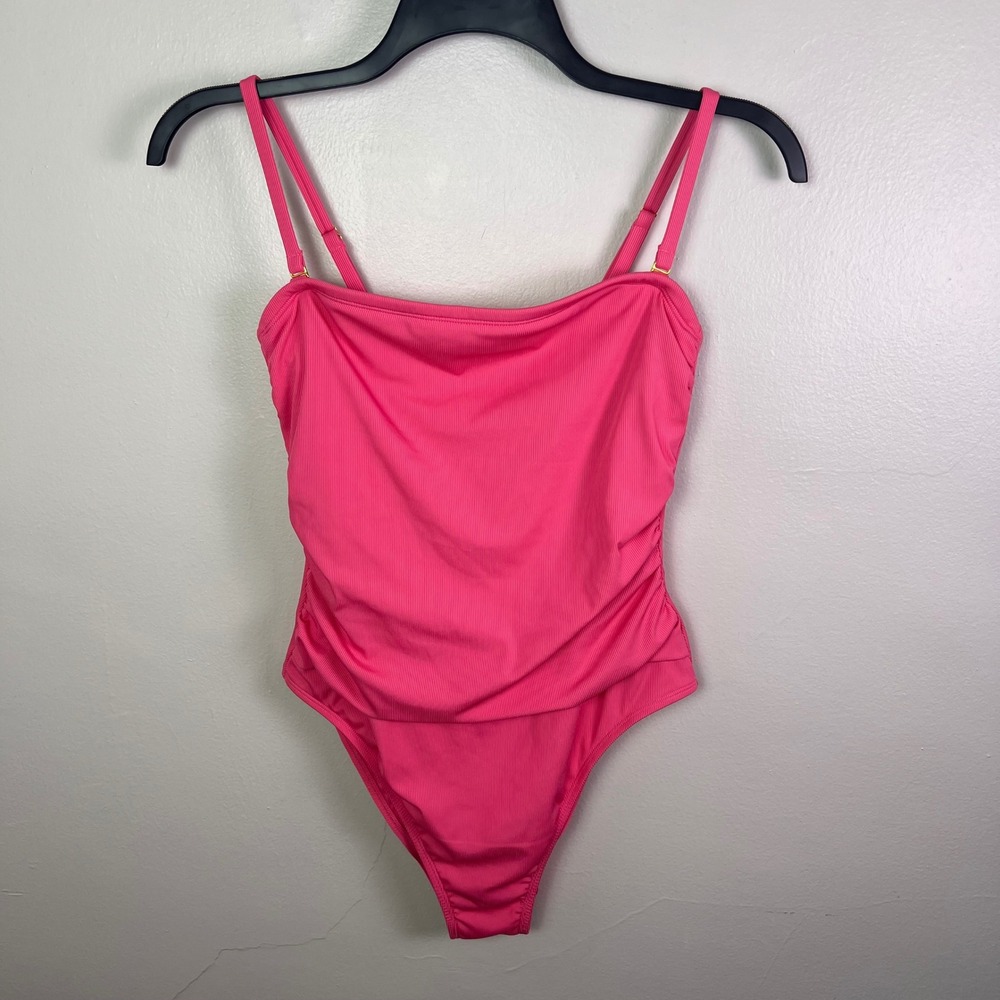 Shade & Shore One Piece Swimsuit L Hot Pink Ribbed Ruched Square Neck Barbiecore